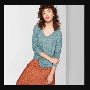 Wild Fable Small Top V Neck Teal Knit Long Sleeve